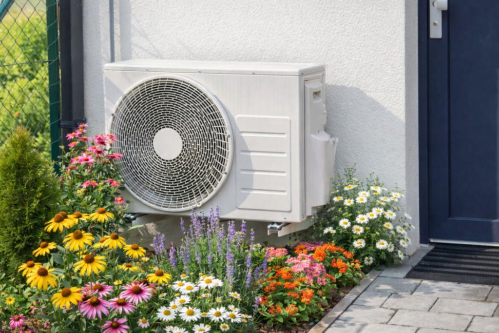 Outdoor air conditioning unit installed on house wall beside garden flowers
